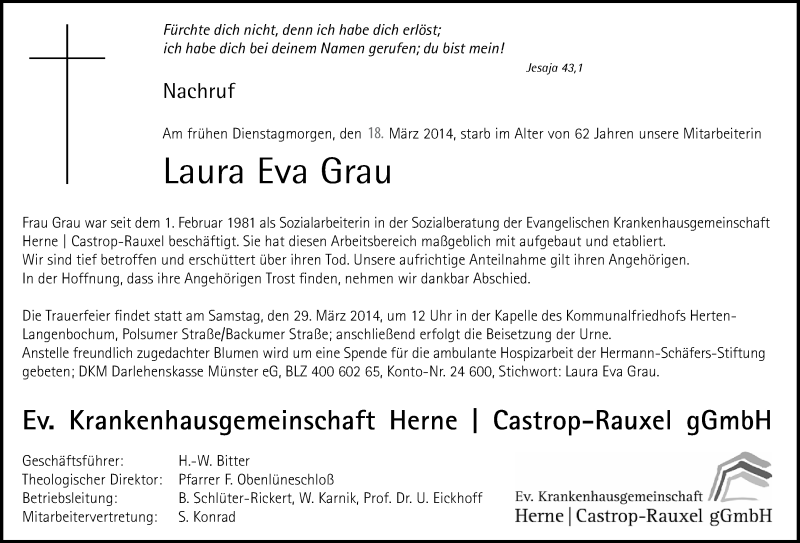 Traueranzeige für Laura Eva Grau vom 22.03.2014 aus Medienhaus Bauer